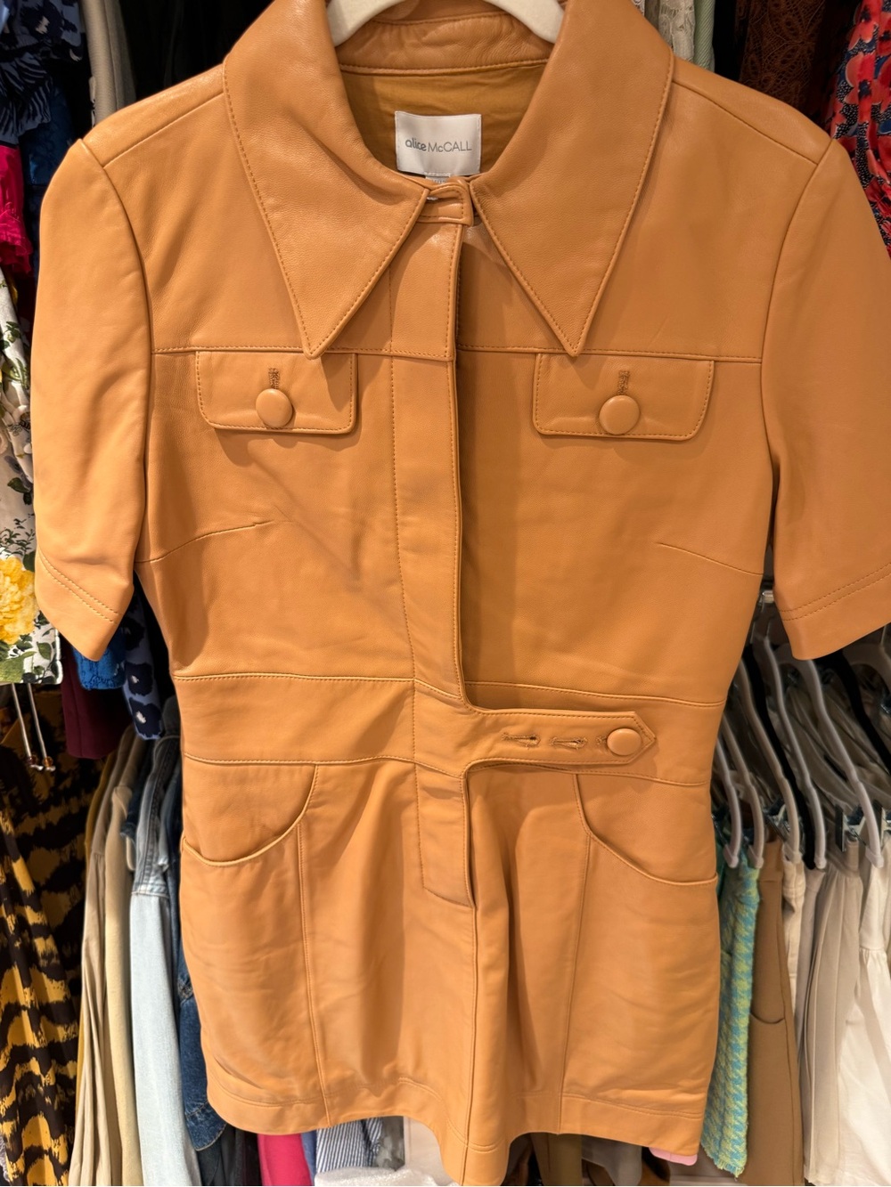 Alice McCall Camel Leather Short-Sleeve Mini Dress
